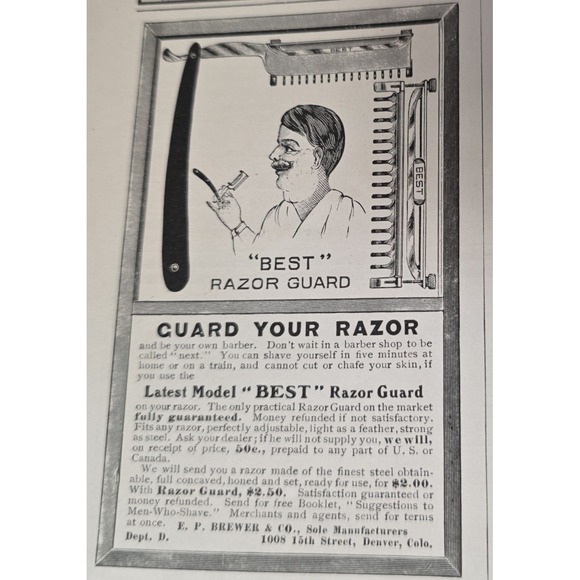 E.P. Brewer & Co. Other - Vintage 1903 BEST Razor Guard Print Ad EP Brewer Co Denver Colorado Shaving Art